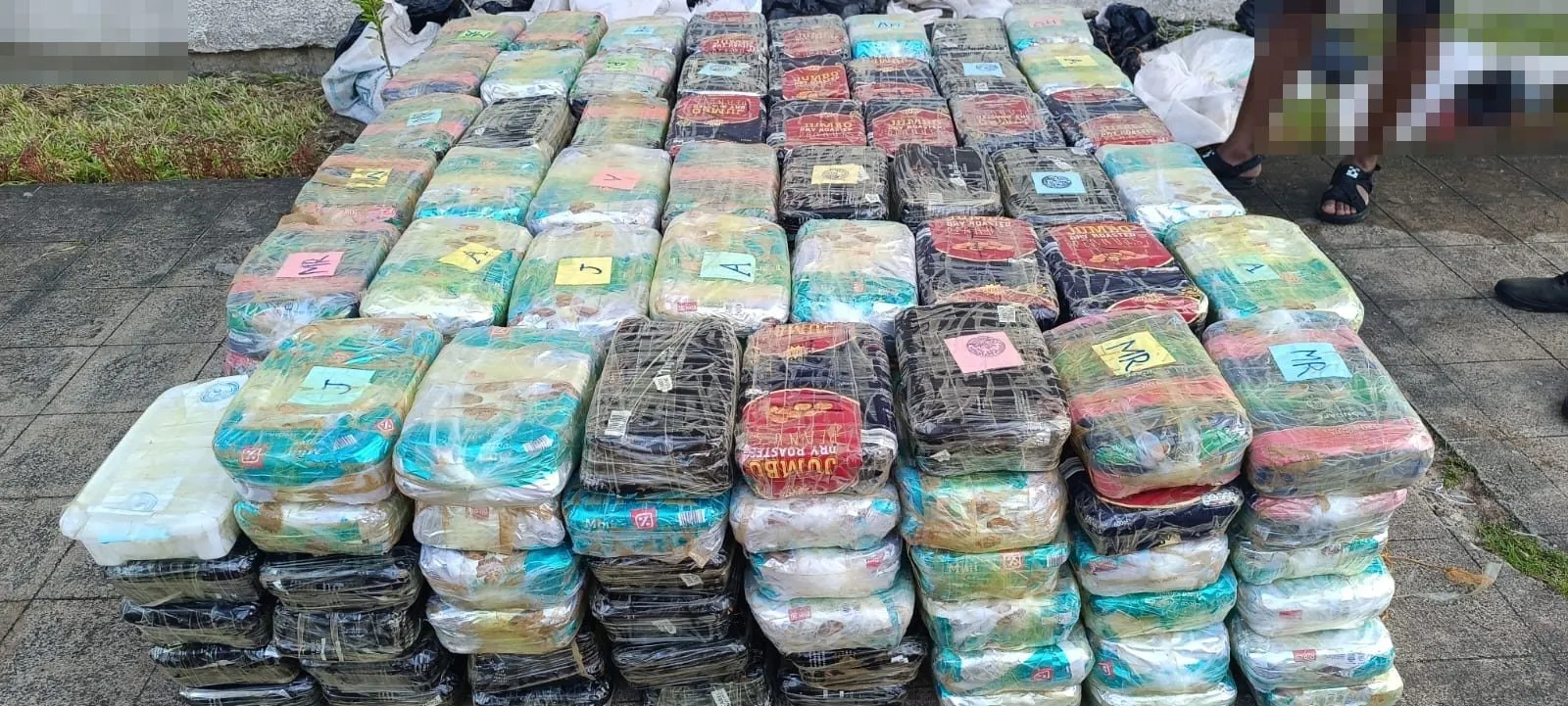 The Beira consignment laid out in rows on the ground, wide view; people at the edges are pixelated