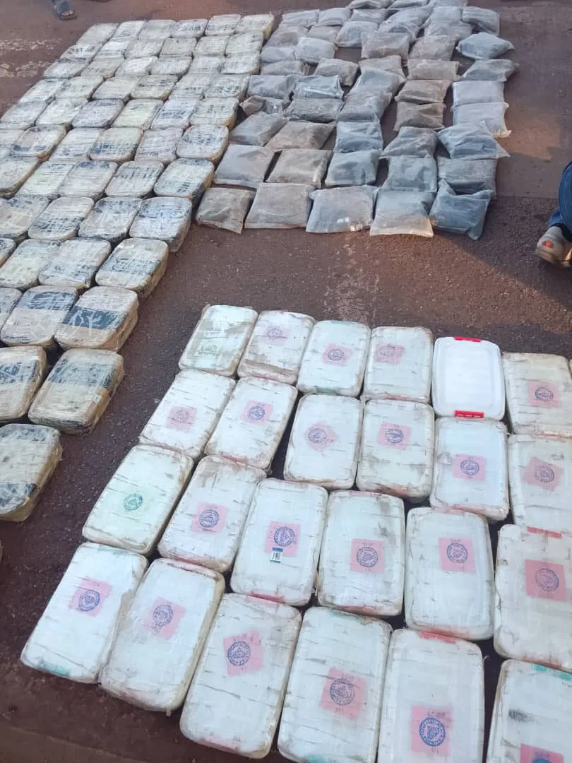 Bricks of methamphetamine, crack cocaine and heroin from the false compartment, laid out on the ground